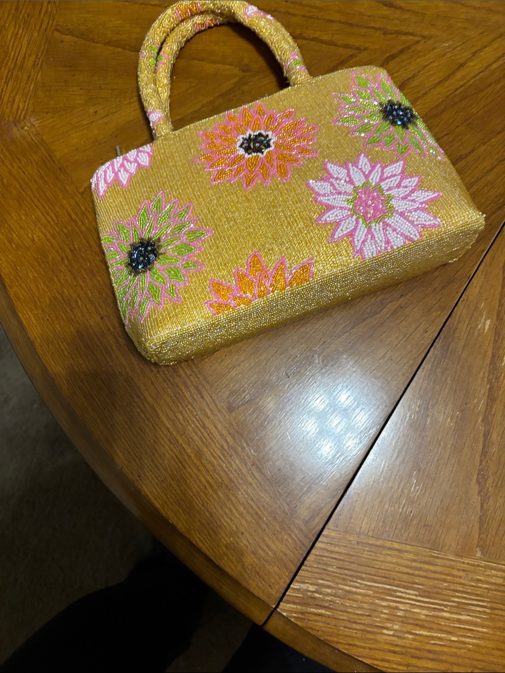 Gold Beaded Floral Top-Handle Bag